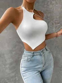SHEIN ICON Asymmetrical Hem Halter Top - White - View 6