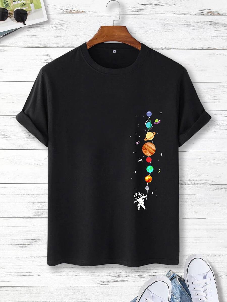 Manfinity Homme Men T-Shirts Fit Crew Neck Short Sleeve Graphic Tee Astronaut Funny Casual Summer Polyester - Black - View 1