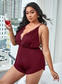 大碼蕾絲拼接露背環鏈連體睡衣 - 酒紅色 - 查看 3