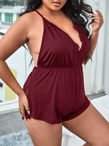 大碼蕾絲拼接露背環鏈連體睡衣 - 酒紅色 - 查看 4