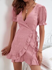 SHEIN Privé Puff Sleeve Ruffle Hem Knot Side Wrap Dress - Dusty Pink - View 7