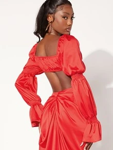 SHEIN Unity 前繫帶荷葉袖短款上衣 - 紅色 - 查看 2