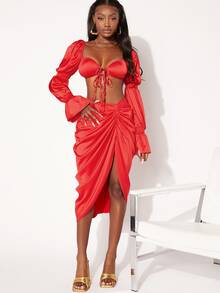 SHEIN Unity 前繫帶荷葉袖短款上衣 - 紅色 - 查看 5