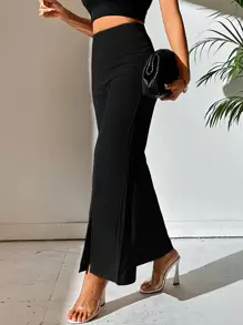 SHEIN PETITE 女士纯色开衩设计铅笔腿休闲直筒裤 - 黑色 - 查看 4