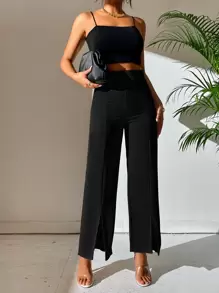 SHEIN PETITE 女士纯色开衩设计铅笔腿休闲直筒裤 - 黑色 - 查看 5