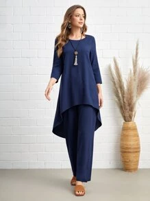 EMERY ROSE Blusa túnica unicolor bajo irregular con pantalones