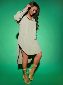 SHEIN SXY Solid Button Front Drop Shoulder Dip Hem Shirt Dress - Mint Green - View 2