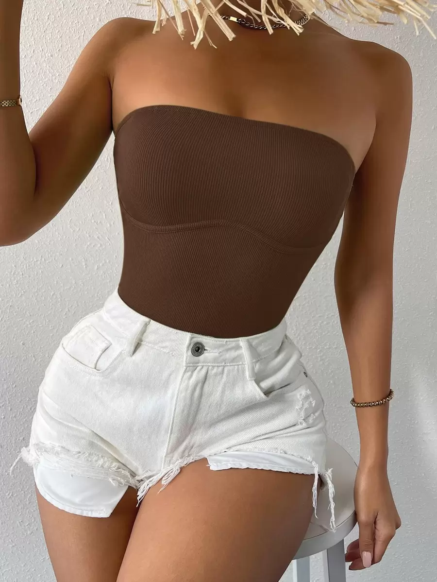 Chiquease Solid Rib-knit Tube Top - Coffee Brown - View 1