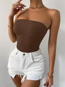 Chiquease Solid Rib-knit Tube Top - Coffee Brown - View 4
