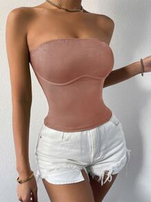 SHEIN VCAY Solid Rib-knit Tube Top - Dusty Pink - View 4