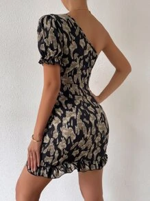 Chiquease Vestido ajustado con estampado de manga farol de un hombro ribete con fruncido - Negro - Ver 2
