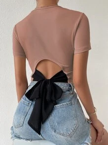 SHEIN Privé Tie Back Rib Knit Tee Graphic Tees Women Tops - Dusty Pink - View 1
