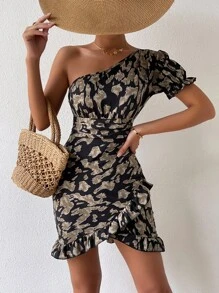 Chiquease Vestido ajustado con estampado de manga farol de un hombro ribete con fruncido - Negro - Ver 4