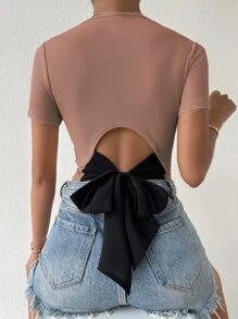 SHEIN Privé Tie Back Rib Knit Tee Graphic Tees Women Tops - Dusty Pink - View 6