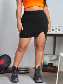 SHEIN Falda bajo con abertura de talle alto - Negro - Ver 3