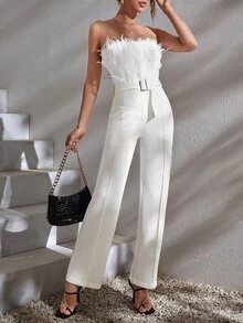 Fuzzy Panel Press Crease Buckled Belted Tube Jumpsuit - White - View 3