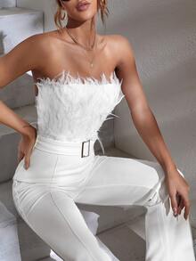 Fuzzy Panel Press Crease Buckled Belted Tube Jumpsuit - White - View 6