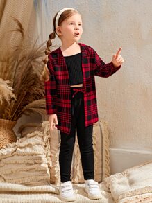 SHEIN Cô Gái Trẻ In kẻ sọc Mở Mặt trước Áo & Cami ngọn & Xà cạp - Nhiều màu - Xem 4