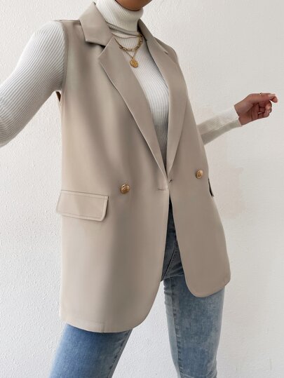 BizChic Chaleco/chaqueta de mujer con solapa y doble botonadura para otoño/invierno, blazer casual de negocios para el transporte urbano y ocasiones formales