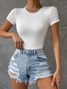 SHEIN SXY Rib-knit Tie Back Bodysuit - White - View 2