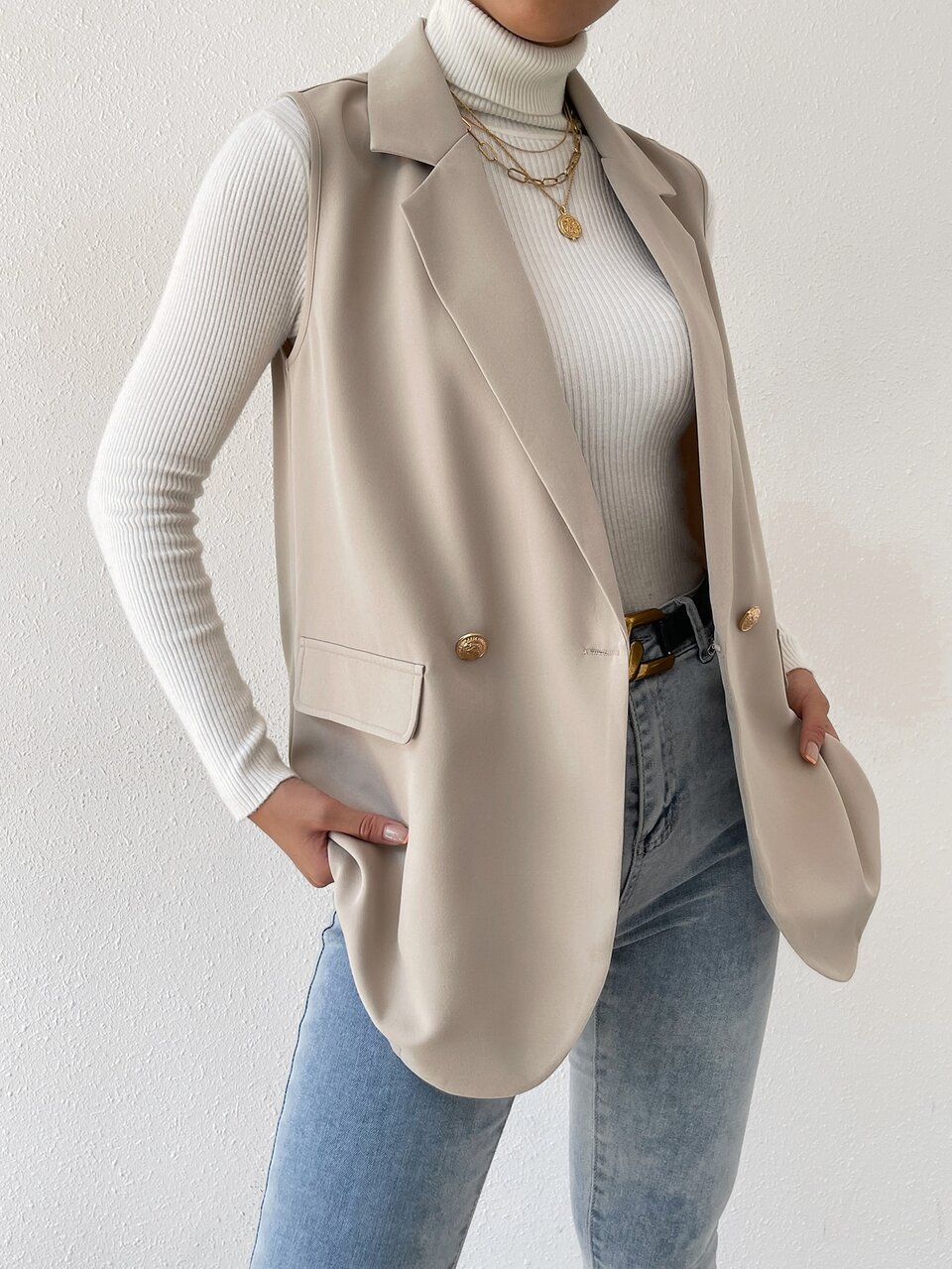 Women's Autumn/Winter Lapel Double-Breasted Vest Jacket, Business Casual Blazer For Urban Commute And Formal Occasions