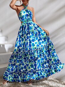 SHEIN Unity Vestido halter con estampado floral de espalda abierta con cordón bajo a capas maxi - Azul - Ver 1