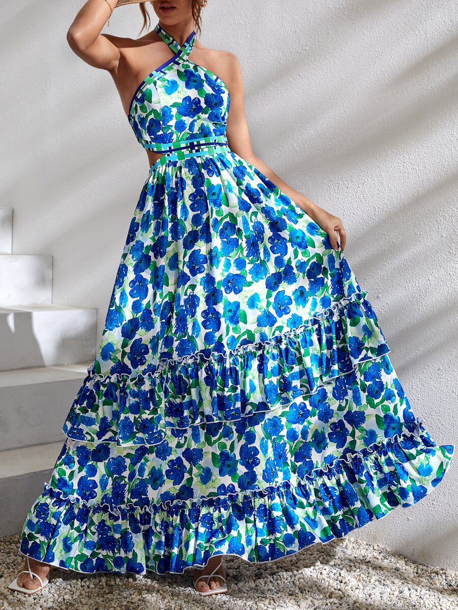 SHEIN Unity Vestido halter con estampado floral de espalda abierta con cordón bajo a capas maxi - Azul - Ver 1