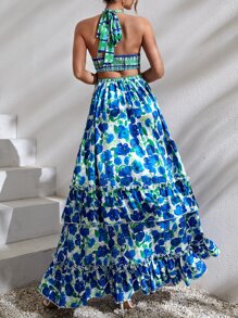 SHEIN Unity Vestido halter con estampado floral de espalda abierta con cordón bajo a capas maxi - Azul - Ver 2