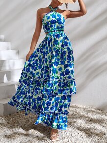 SHEIN Unity Vestido halter con estampado floral de espalda abierta con cordón bajo a capas maxi - Azul - Ver 5