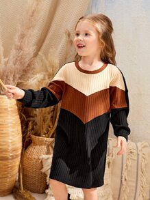 SHEIN Niñitas Vestido estilo camiseta de color combinado tejido de canalé - Multicolor - Ver 4