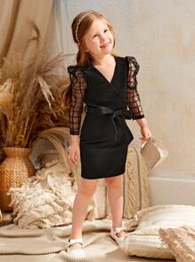 SHEIN Young Girl Contrast Mesh Belted Wrap Dress - Black - View 4