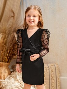SHEIN Young Girl Contrast Mesh Belted Wrap Dress - Black - View 5