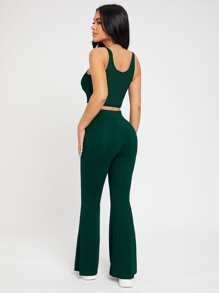 SHEIN PETITE 高腰喇叭褲 - 墨綠色 - 查看 2