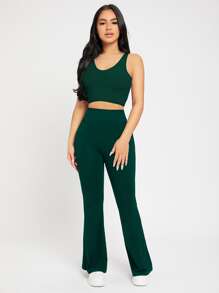 SHEIN PETITE 高腰喇叭褲 - 墨綠色 - 查看 6