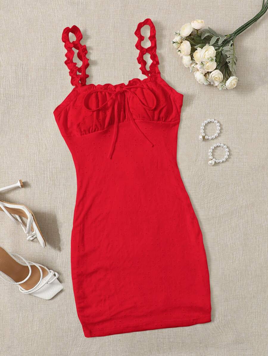 SHEIN MOD 褶邊帶前打結胸部褶皺氣眼連衣裙 - 紅色 - 查看 1