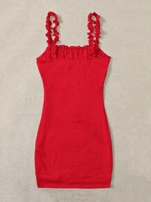 SHEIN MOD 褶邊帶前打結胸部褶皺氣眼連衣裙 - 紅色 - 查看 2