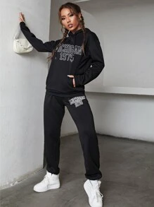 SHEIN EZwear Drop Shoulder Hoodie Letter Graphic And Joggers - Black - View 3