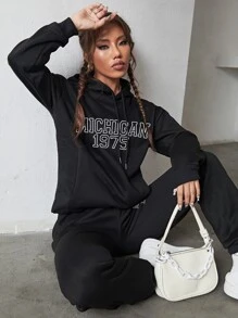 SHEIN EZwear Drop Shoulder Hoodie Letter Graphic And Joggers - Black - View 4