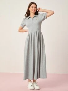 Mulvari Cat Patched Half Button Placket Shirt Dress - Grey - View 1