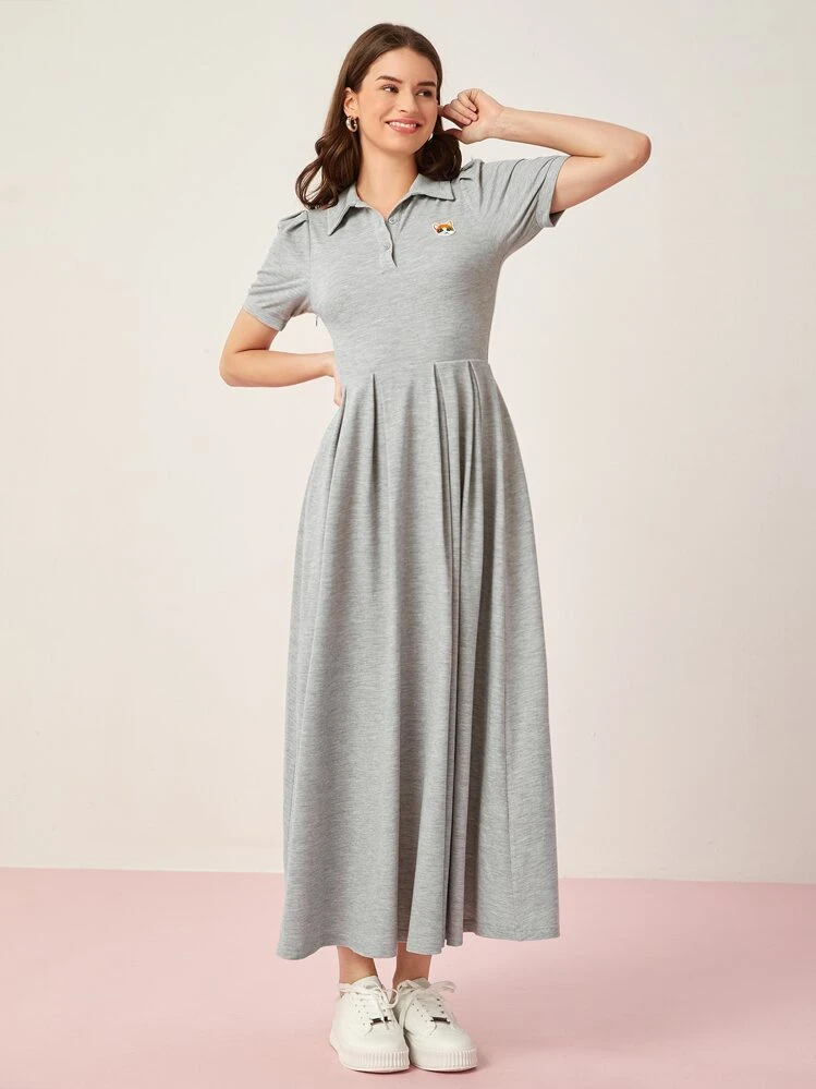 Mulvari Cat Patched Half Button Placket Shirt Dress - Grey - View 1