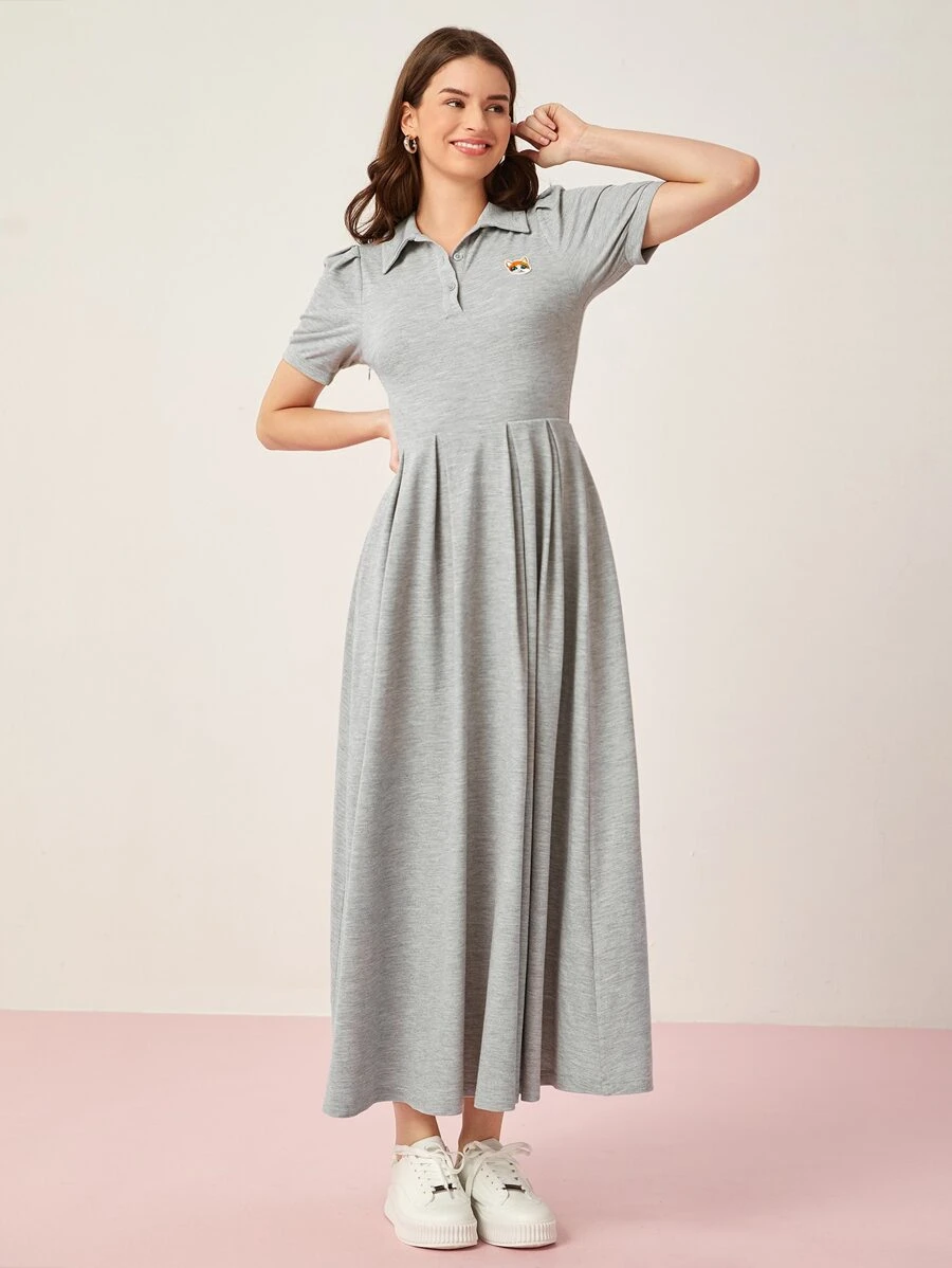 Mulvari Cat Patched Half Button Placket Shirt Dress - Grey - View 1