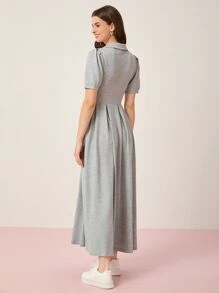 Mulvari Cat Patched Half Button Placket Shirt Dress - Grey - View 2