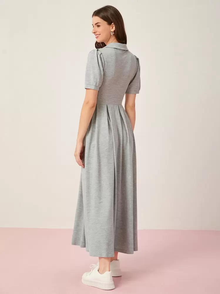 Mulvari Cat Patched Half Button Placket Shirt Dress - Grey - View 2