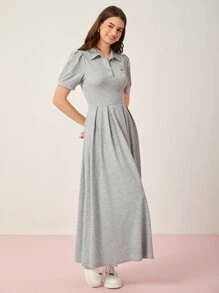 Mulvari Cat Patched Half Button Placket Shirt Dress - Grey - View 4