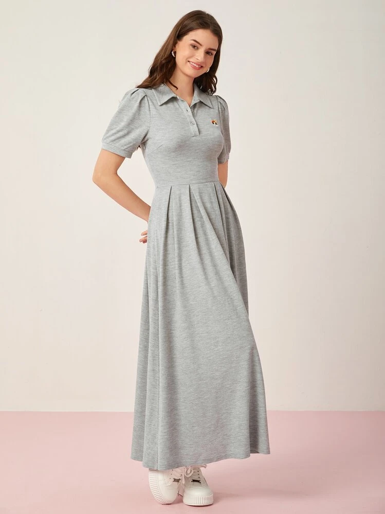 Mulvari Cat Patched Half Button Placket Shirt Dress - Grey - View 4