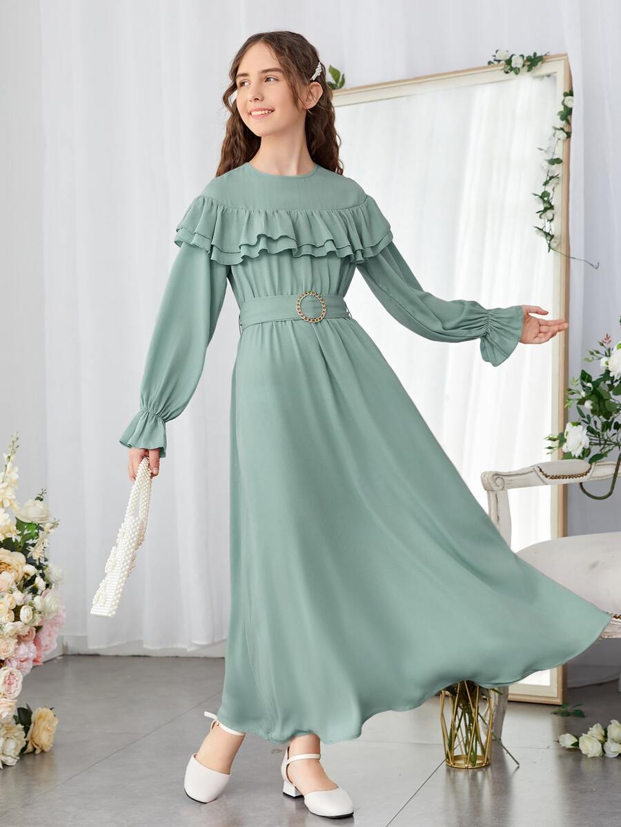 SHEIN Teen Girls Ruffle Trim Flounce Sleeve Belted Dress Graduation Dress - Mint Green - View 1