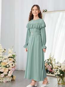 SHEIN Teen Girls Ruffle Trim Flounce Sleeve Belted Dress Graduation Dress - Mint Green - View 3