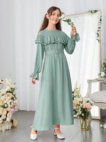 SHEIN Teen Girls Ruffle Trim Flounce Sleeve Belted Dress Graduation Dress - Mint Green - View 4