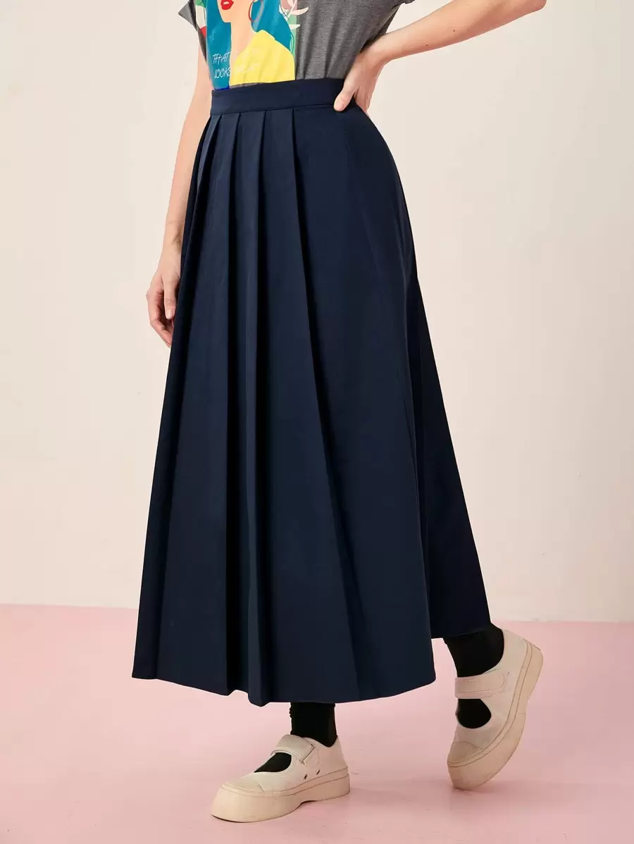 Seusyu Solid High Waist Pleated Skirt - Navy Blue - View 1
