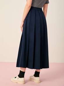 Seusyu Solid High Waist Pleated Skirt - Navy Blue - View 2